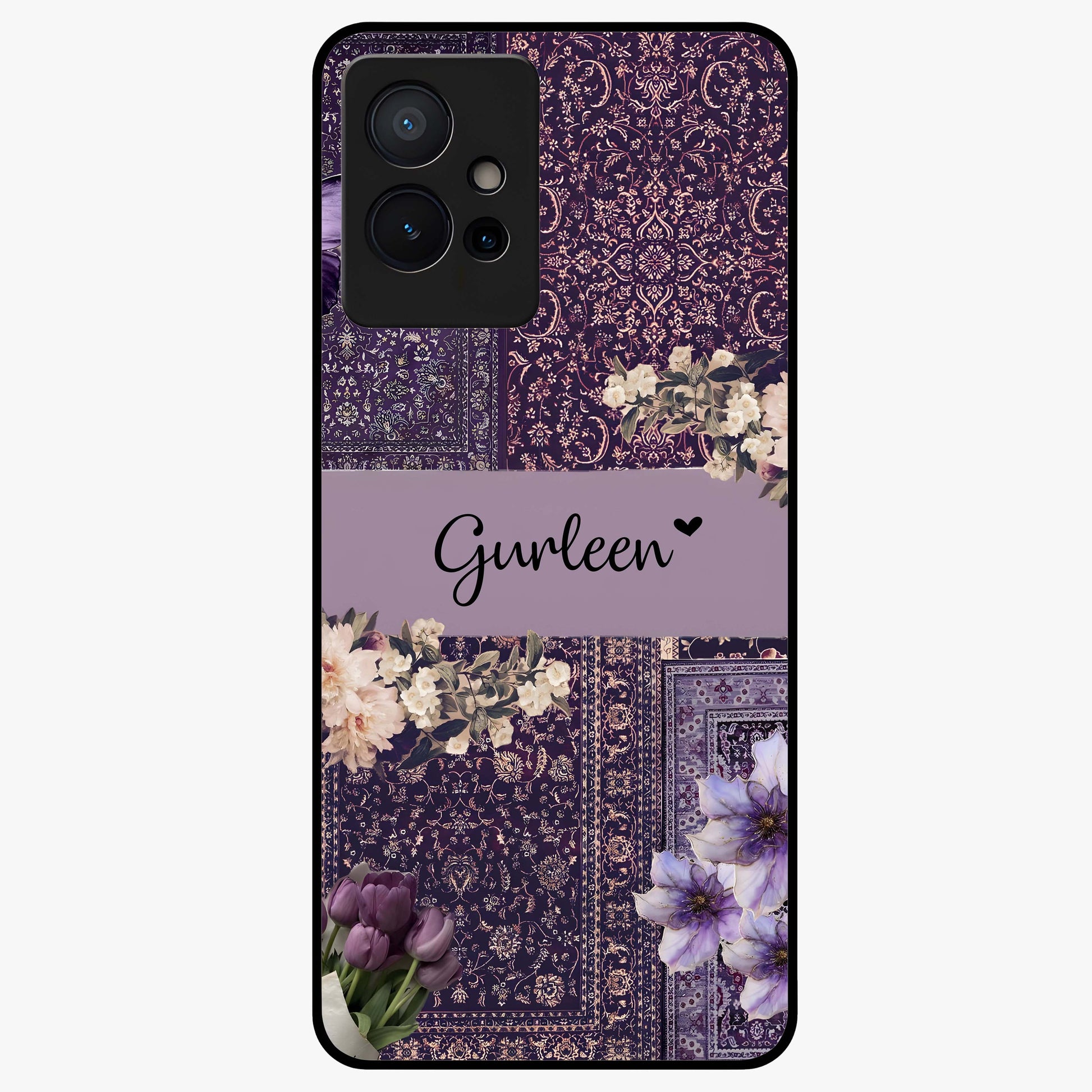 Antique Floral Whisper Custom Name Glass Case showing flat back view with vintage floral artwork and personalized name design.