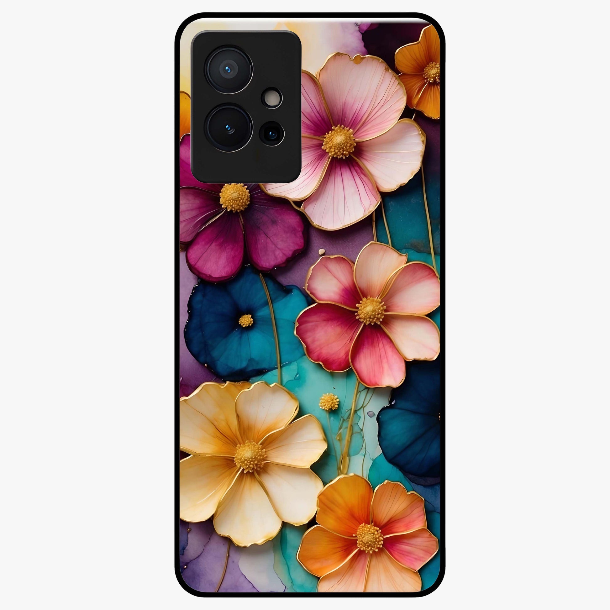Artlyn Grace Flower Pattern Glass Case showing flat back view with elegant floral pattern artwork and glossy glass finish.