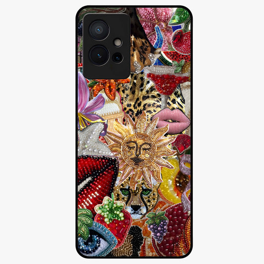 Beaded Fashion Jungle Glass Case showing flat back view with vibrant jungle inspired bead artwork and glossy glass finish.