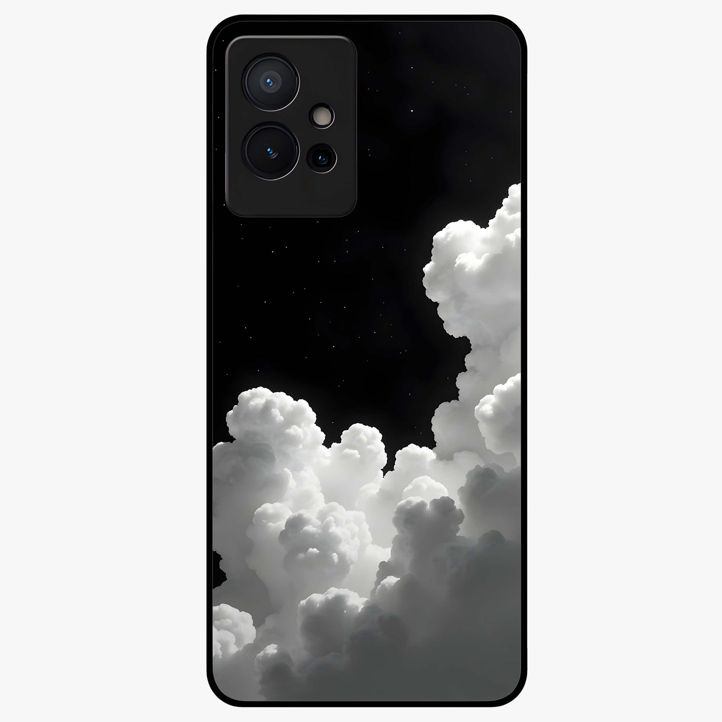Black Background With White Cloud Glass Case showing flat back view with minimal cloud artwork on dark background and glossy glass finish.