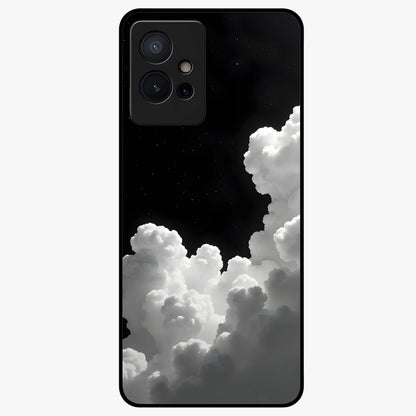 Black Background With White Cloud Glass Case showing flat back view with minimal cloud artwork on dark background and glossy glass finish.