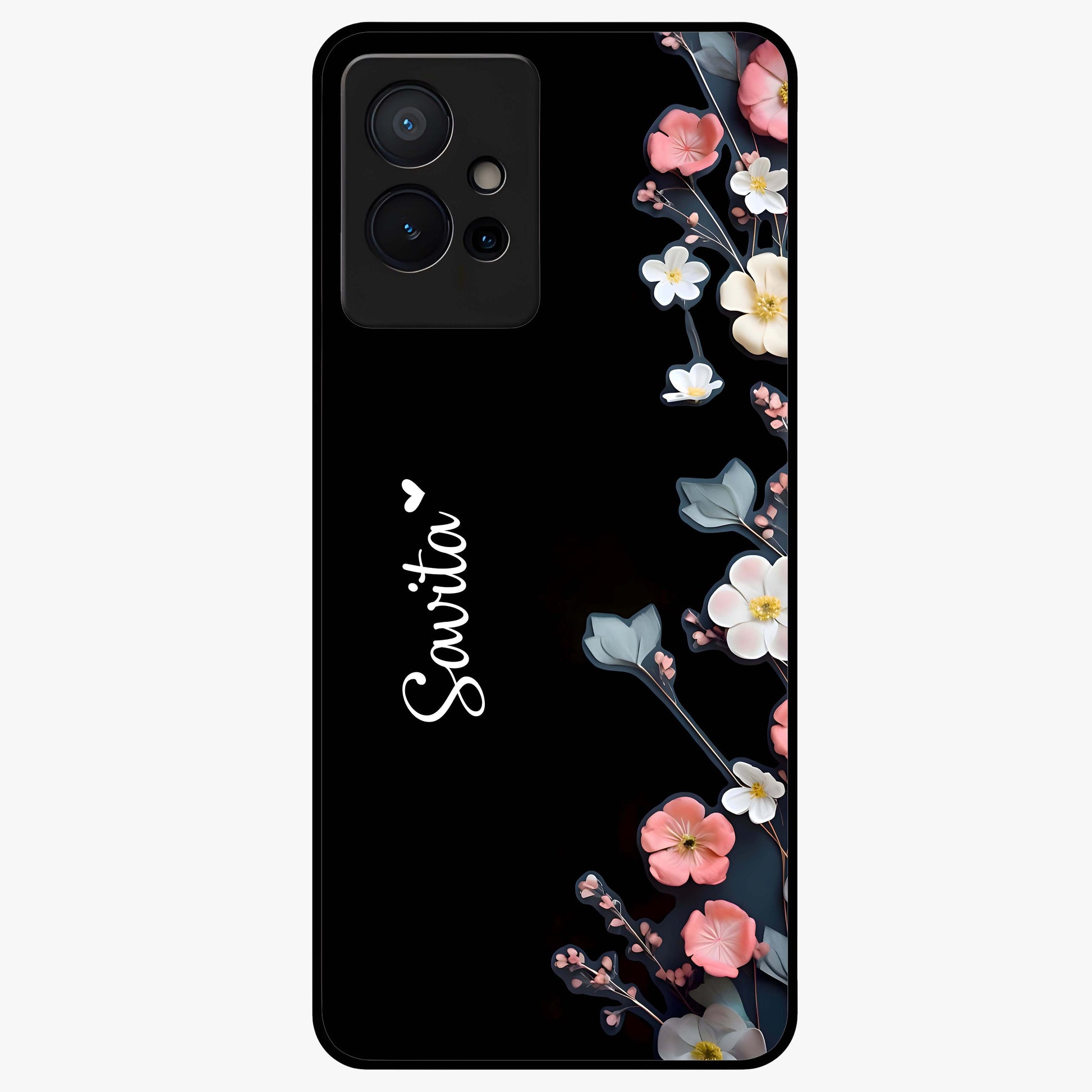 Black Elegance Floral Custom Name Glass Case showing flat back view with elegant floral artwork and personalized name design.