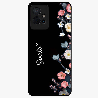 Black Elegance Floral Custom Name Glass Case showing flat back view with elegant floral artwork and personalized name design.