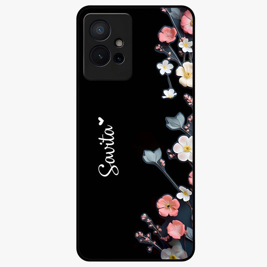 Black Elegance Floral Custom Name Glass Case showing flat back view with elegant floral artwork and personalized name design.