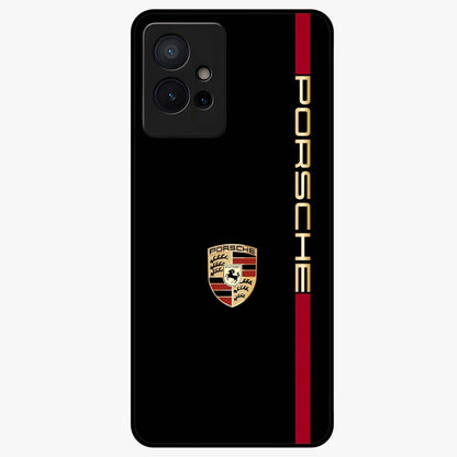 Black Minimal Porsche Glass Case showing flat back view with sleek minimal sports car artwork and glossy glass finish.