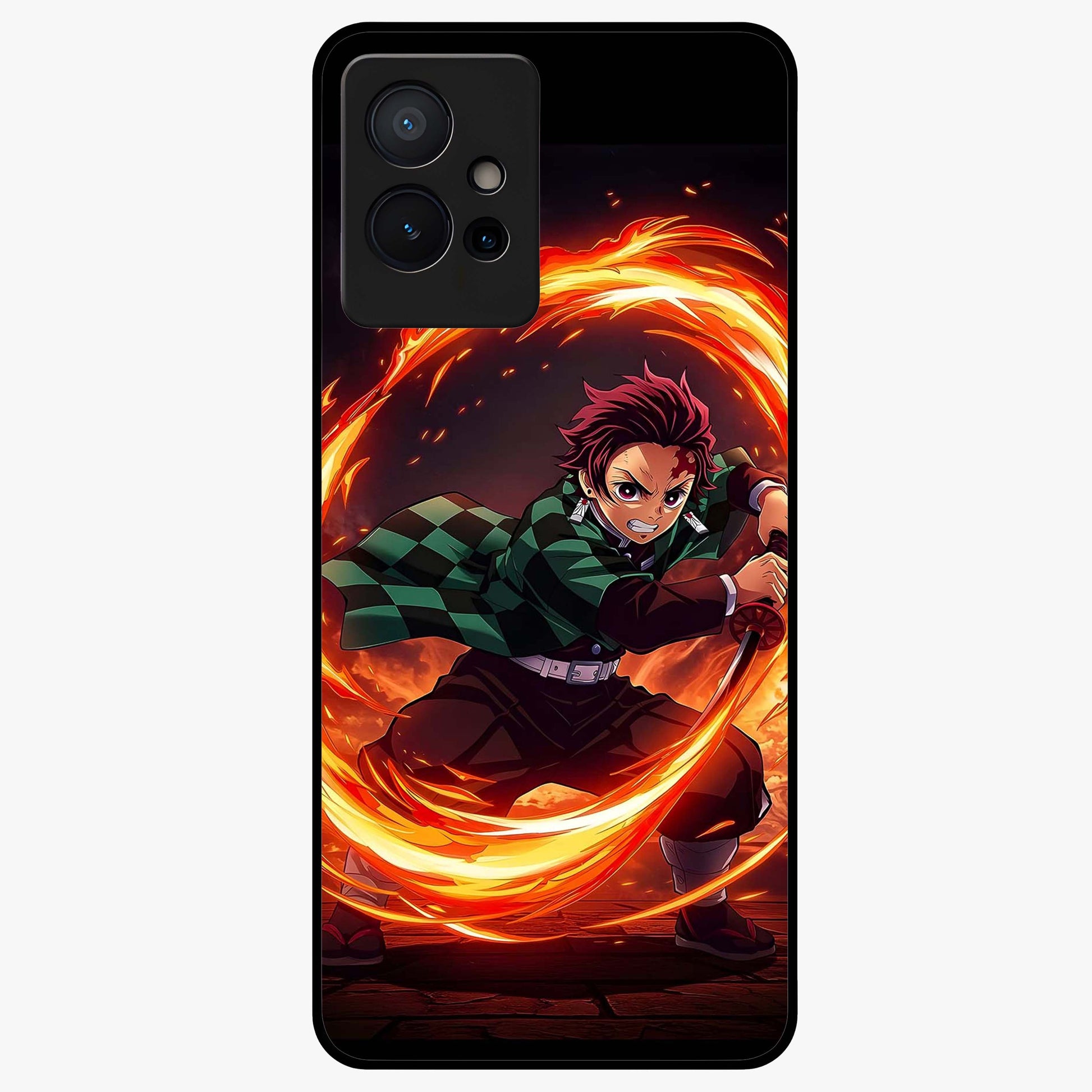 Blazing Sword Resolve Glass Case showing flat back view with fiery sword artwork and glossy glass finish.