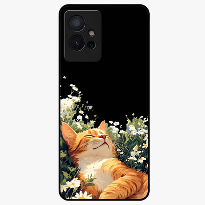 Blissful Bloom Cat Glass Case showing flat back view with cute cat and floral bloom artwork and glossy glass finish.