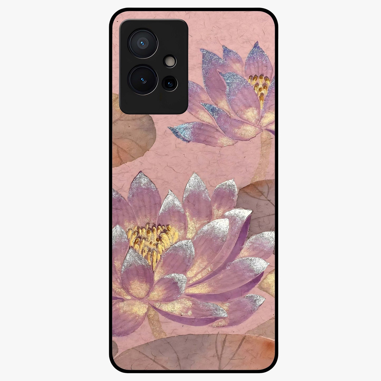 Blossom Mist Lotus Glass Case showing flat back view with serene lotus blossom artwork and glossy glass finish.