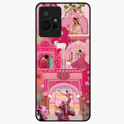 Blossoms of Rajasthan Glass Case showing flat back view with traditional floral artwork inspired by Rajasthan and glossy glass finish.