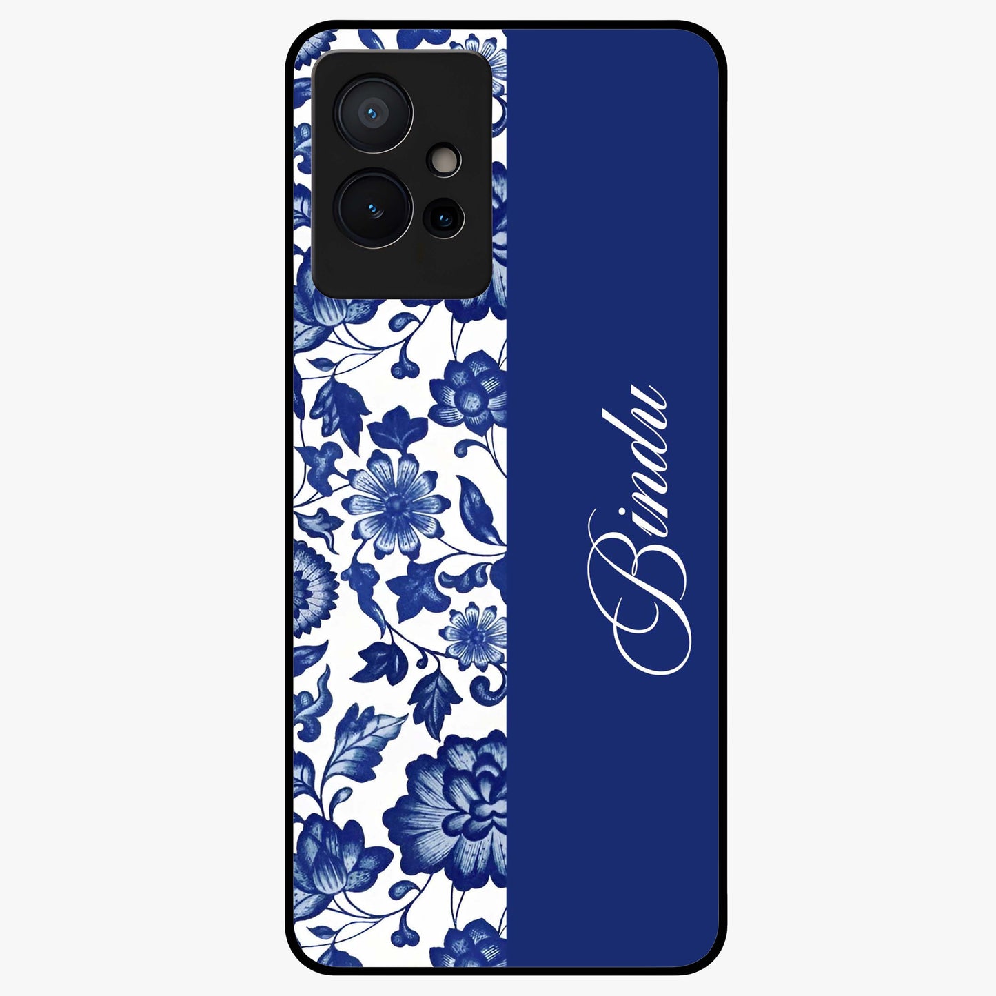 Blue Vintage Floral Pattern Glass Case upright view showcasing timeless floral illustration with vintage inspired style.