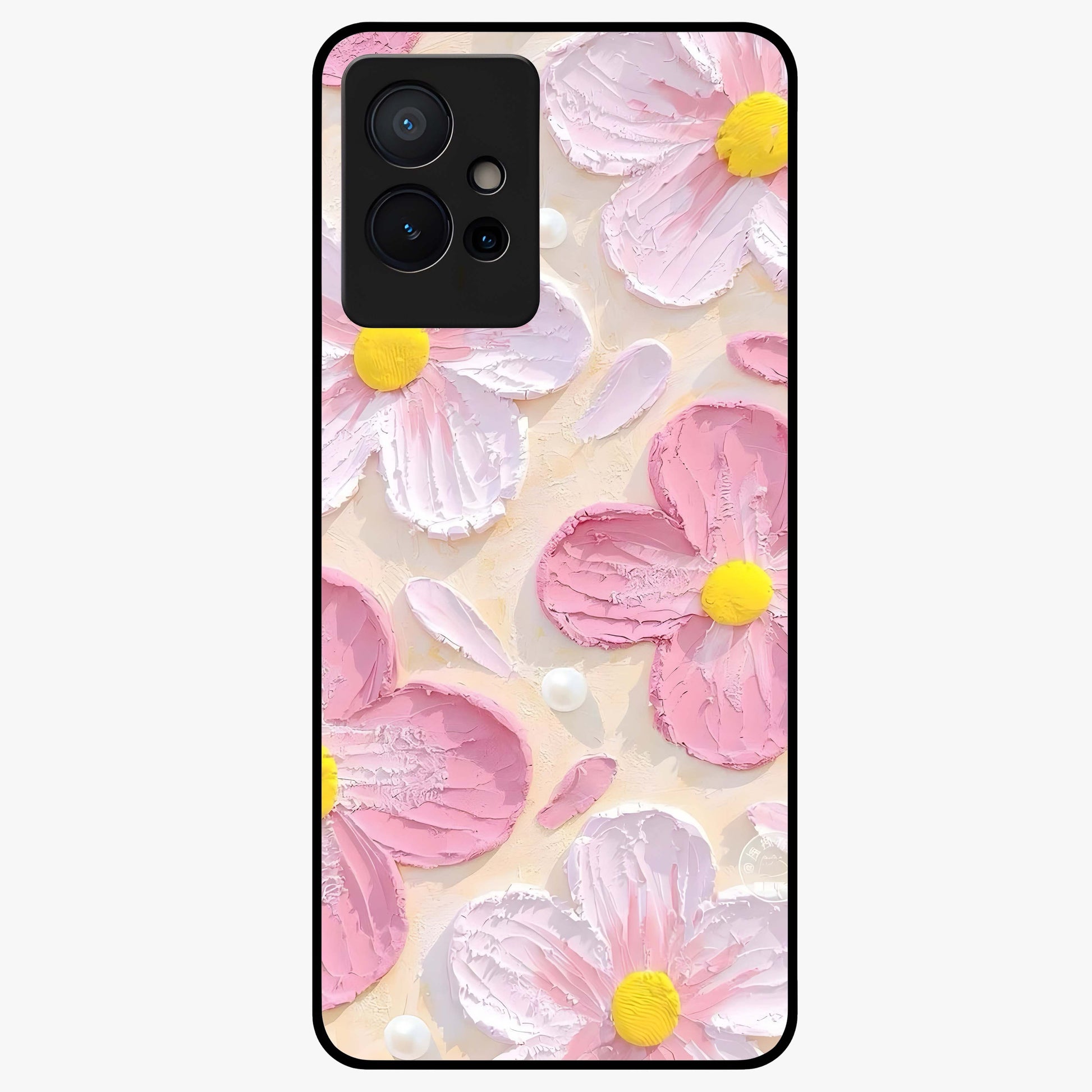 Blush Bloom Texture Glass Case showing flat back view with soft blush floral texture artwork and glossy glass finish.