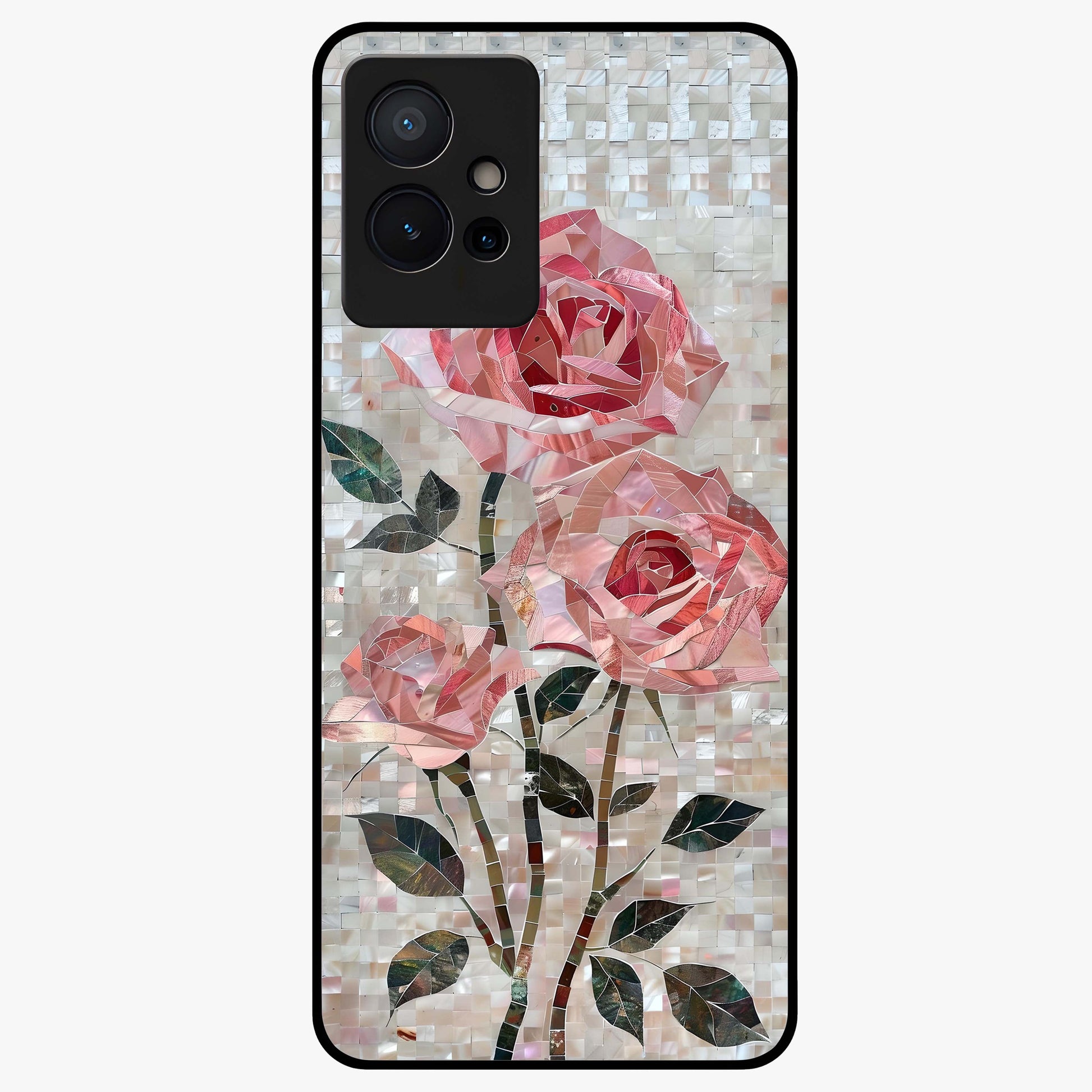 Blush Mosaic Bloom Glass Case showing flat back view with mosaic floral bloom artwork and glossy glass finish.
