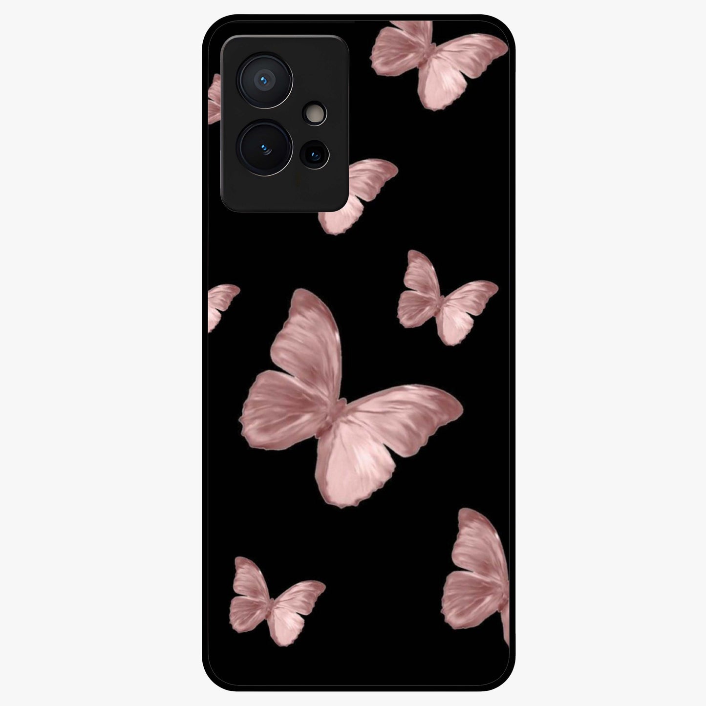 Butterfly Pattern Glass Case showing flat back view with elegant butterfly pattern artwork and glossy glass finish.