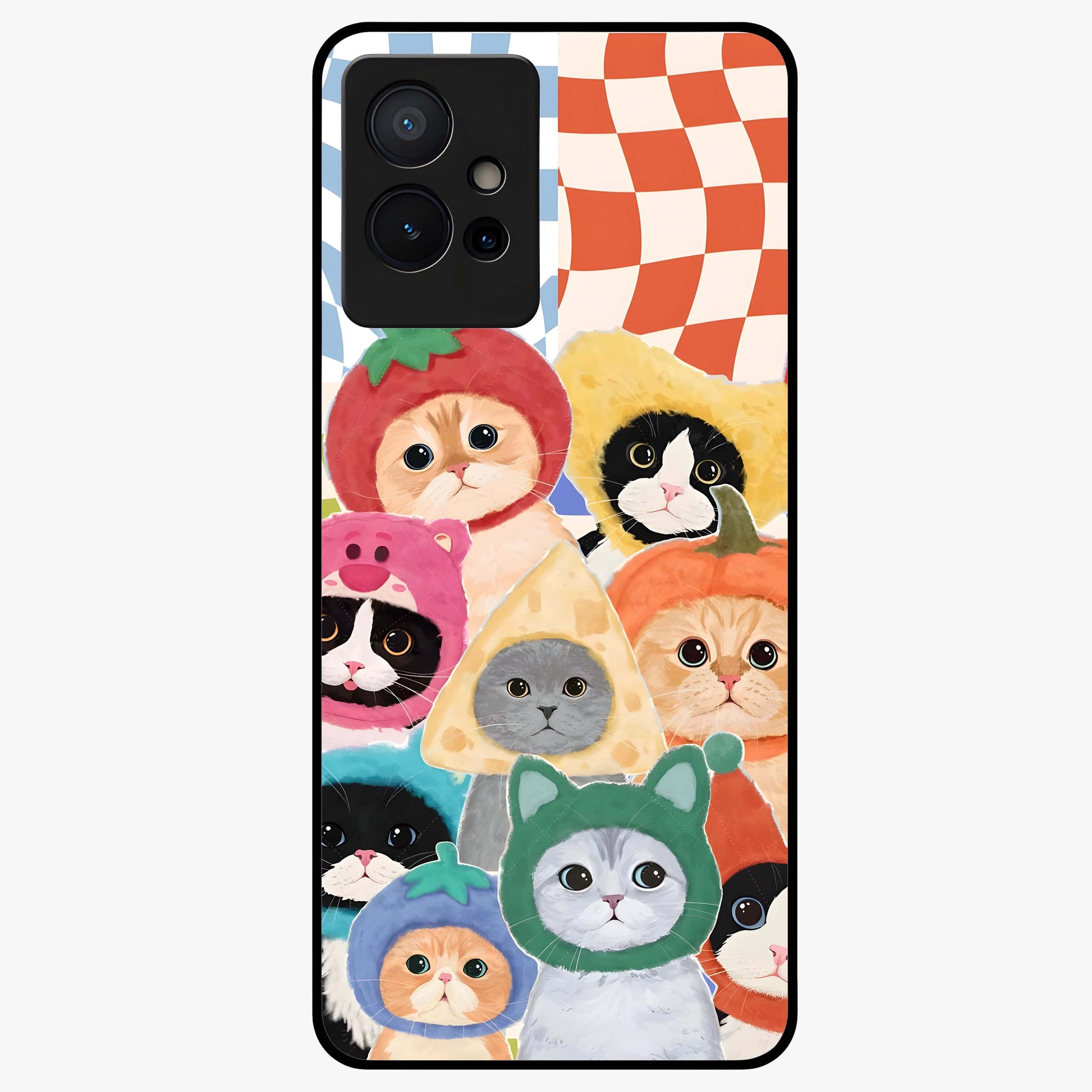 Cats in Fruits Glass Case showing flat back view with playful cat illustrations inside fruit artwork and glossy glass finish.