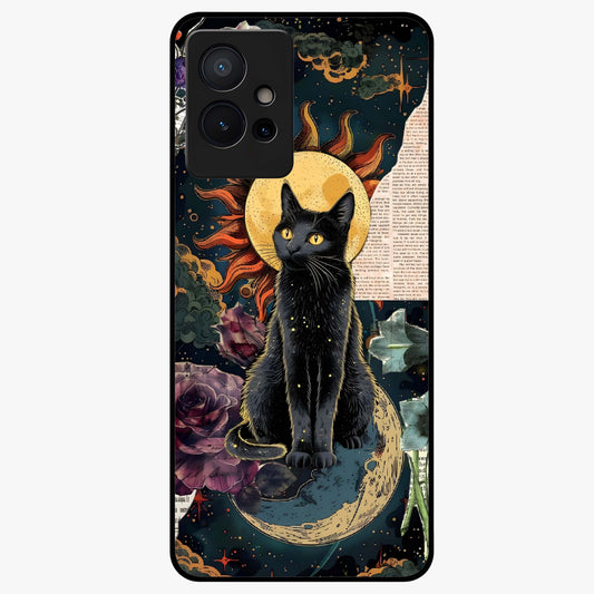 Celestial Black Cat Glass Case showing flat back view with mystical black cat artwork and glossy glass finish.