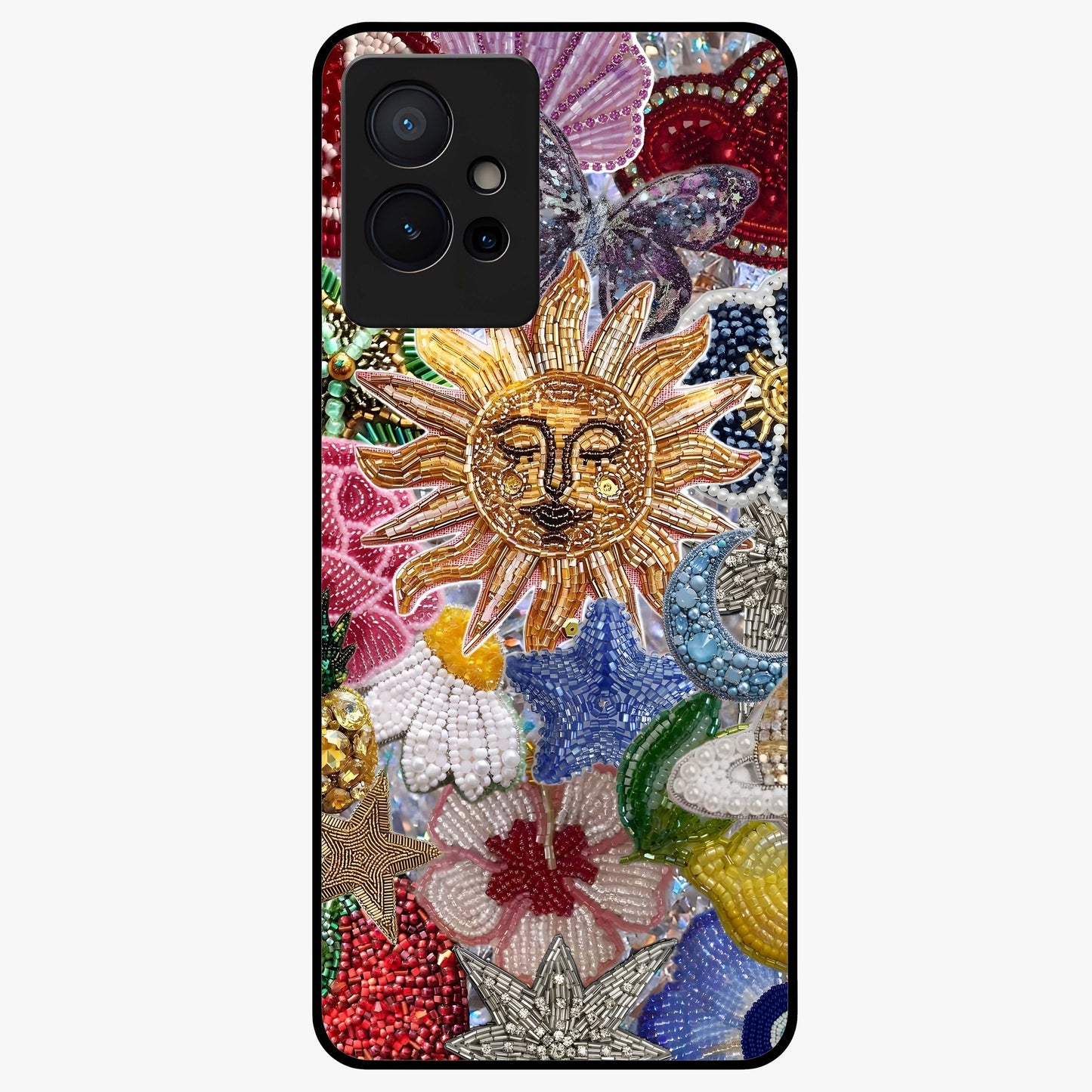 Celestial Floral and Playful Glass Case showing flat back view with floral and celestial themed artwork and glossy glass finish.