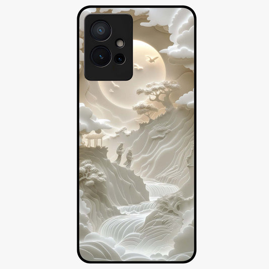Celestial Origami Glass Case showing flat back view with artistic origami inspired celestial artwork and glossy glass finish.