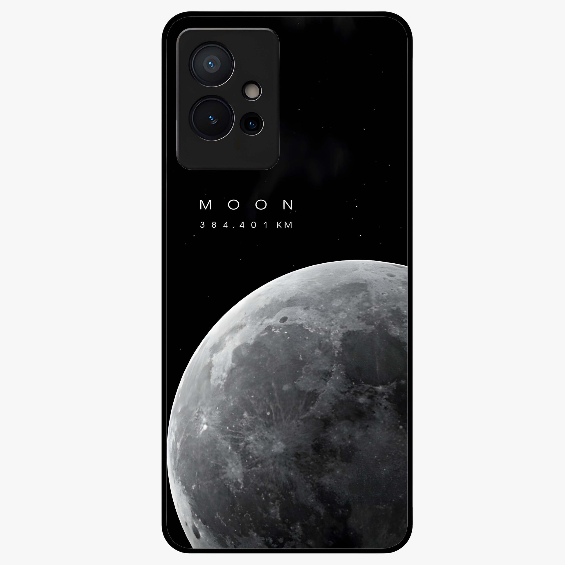 Cosmic Moon Glow Glass Case showing flat back view with glowing moon artwork and glossy glass finish.