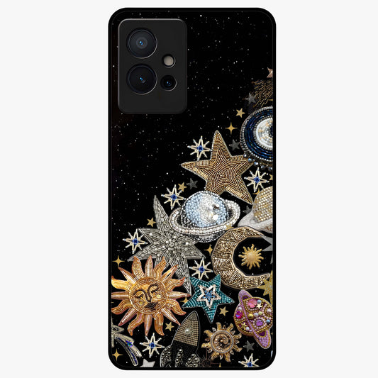 Cosmic Sparkle Dreams Glass Case showing flat back view with sparkling cosmic artwork and glossy glass finish.