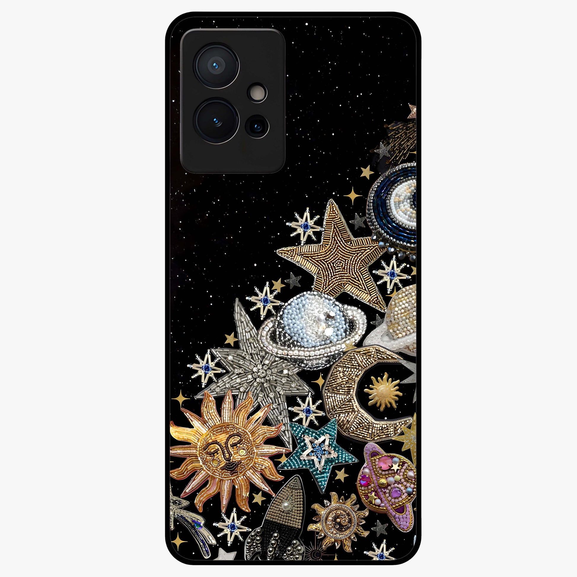 Cosmic Sparkle Dreams Glass Case showing flat back view with sparkling cosmic artwork and glossy glass finish.