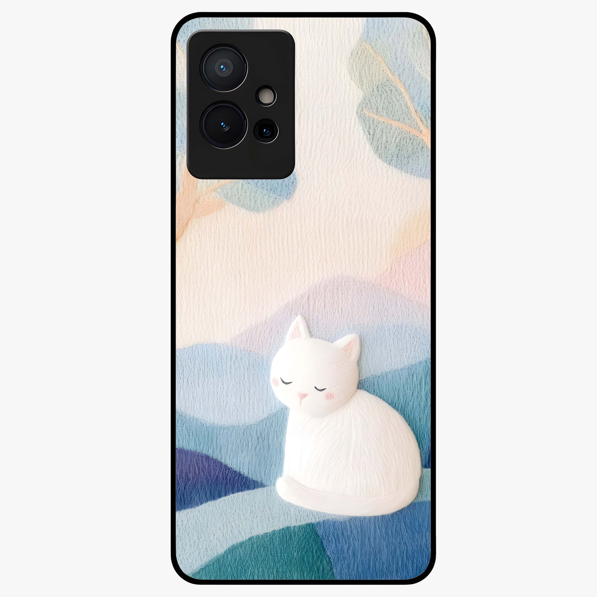 Cotton Dream Cat Glass Case showing flat back view with soft dreamy cat artwork and glossy glass finish.