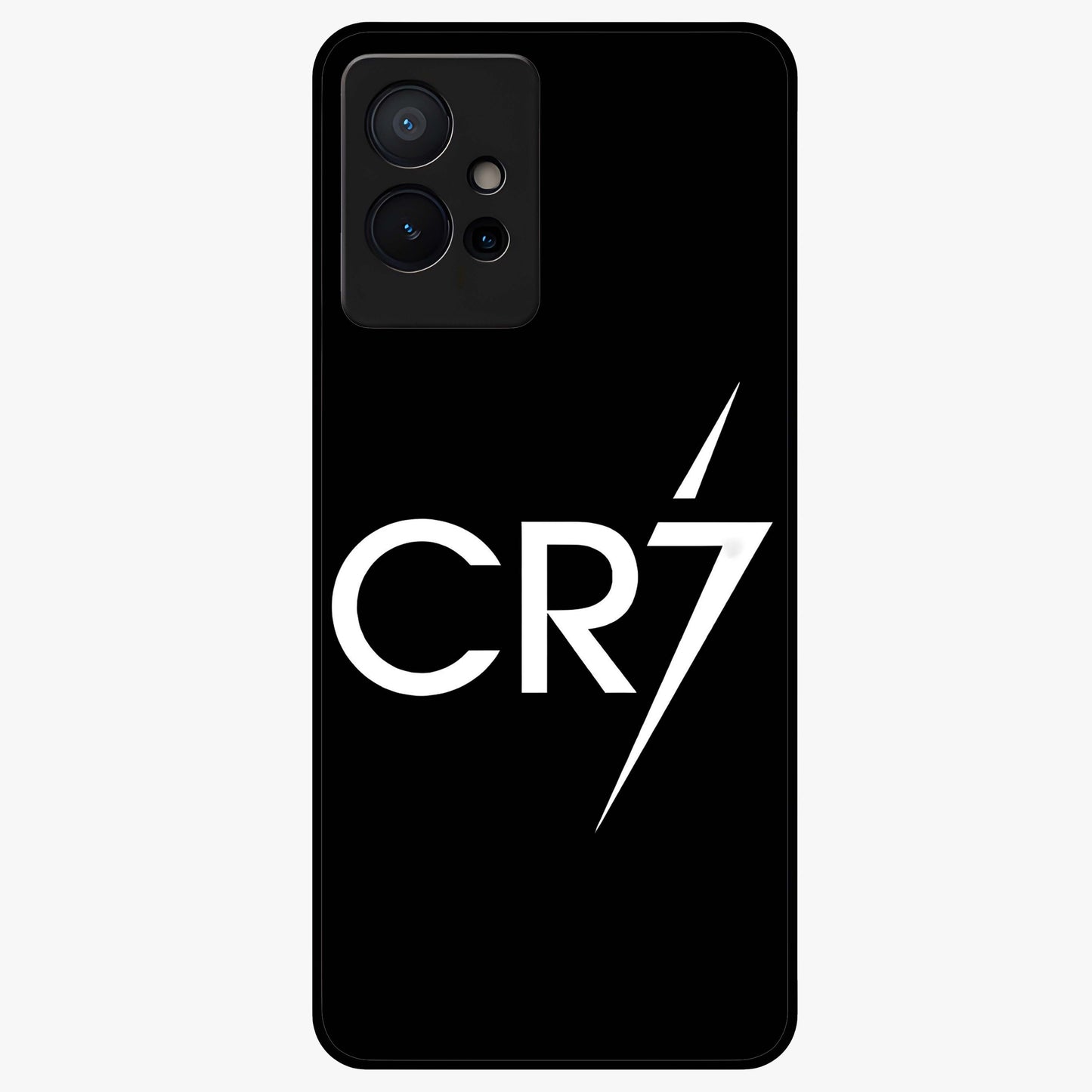 Cr7 Elite Strike Glass Case showing flat back view with dynamic football inspired artwork and glossy glass finish.