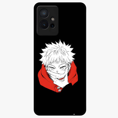 Crimson Chaos Smile Glass Case showing flat back view with bold chaotic smile artwork and glossy glass finish.