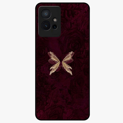 Crimson Fade Butterfly Glass Case showing flat back view with fading butterfly artwork and glossy glass finish.