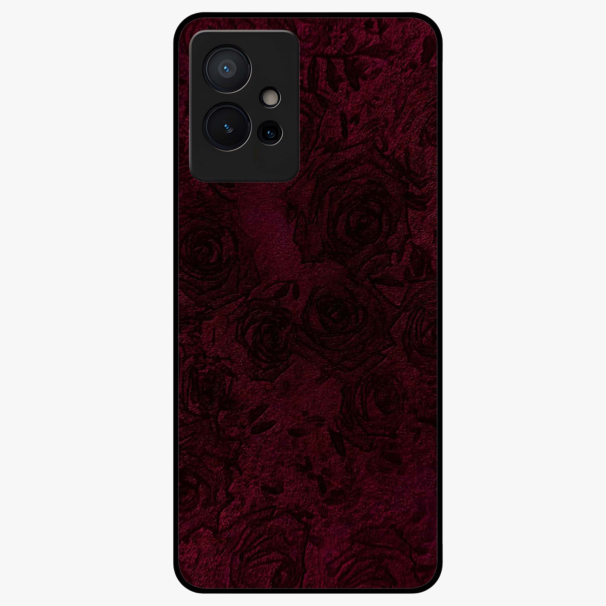 Crimson Fade Flow Glass Case showing flat back view with flowing crimson gradient artwork and glossy glass finish.