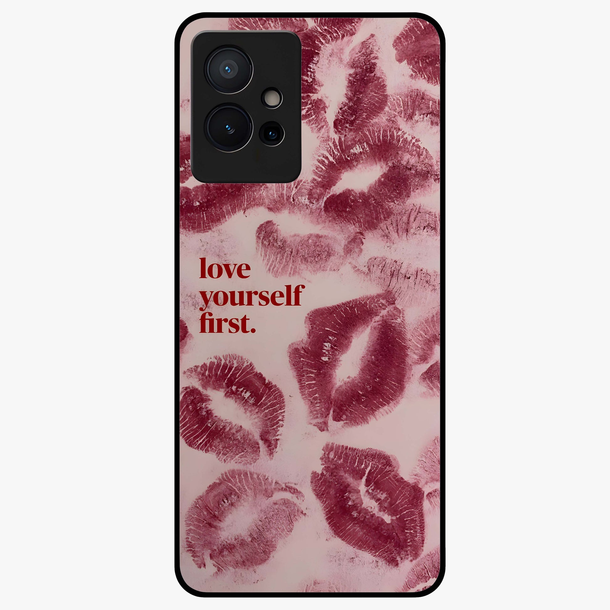 Crimson Kiss Love Glass Case showing flat back view with romantic crimson themed artwork and glossy glass finish.