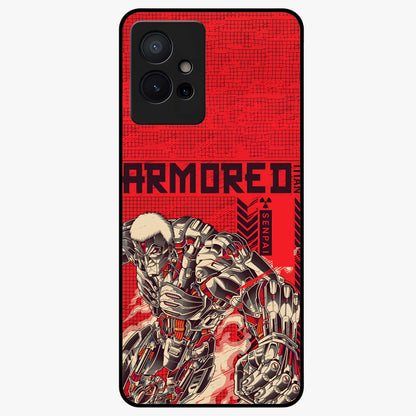 Crimson Mecha Titan Glass Case showing flat back view with powerful mech titan artwork and glossy glass finish.