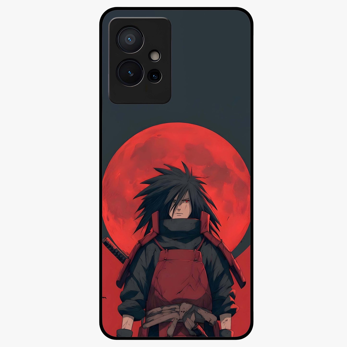 Crimson Moon Warlord Glass Case showing flat back view with mystical moon warrior artwork and glossy glass finish.