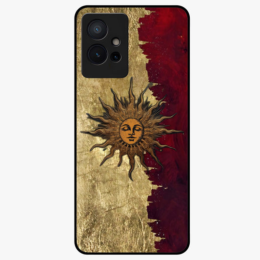 Crimson Sun Majesty Glass Case showing flat back view with radiant sun inspired artwork and glossy glass finish.