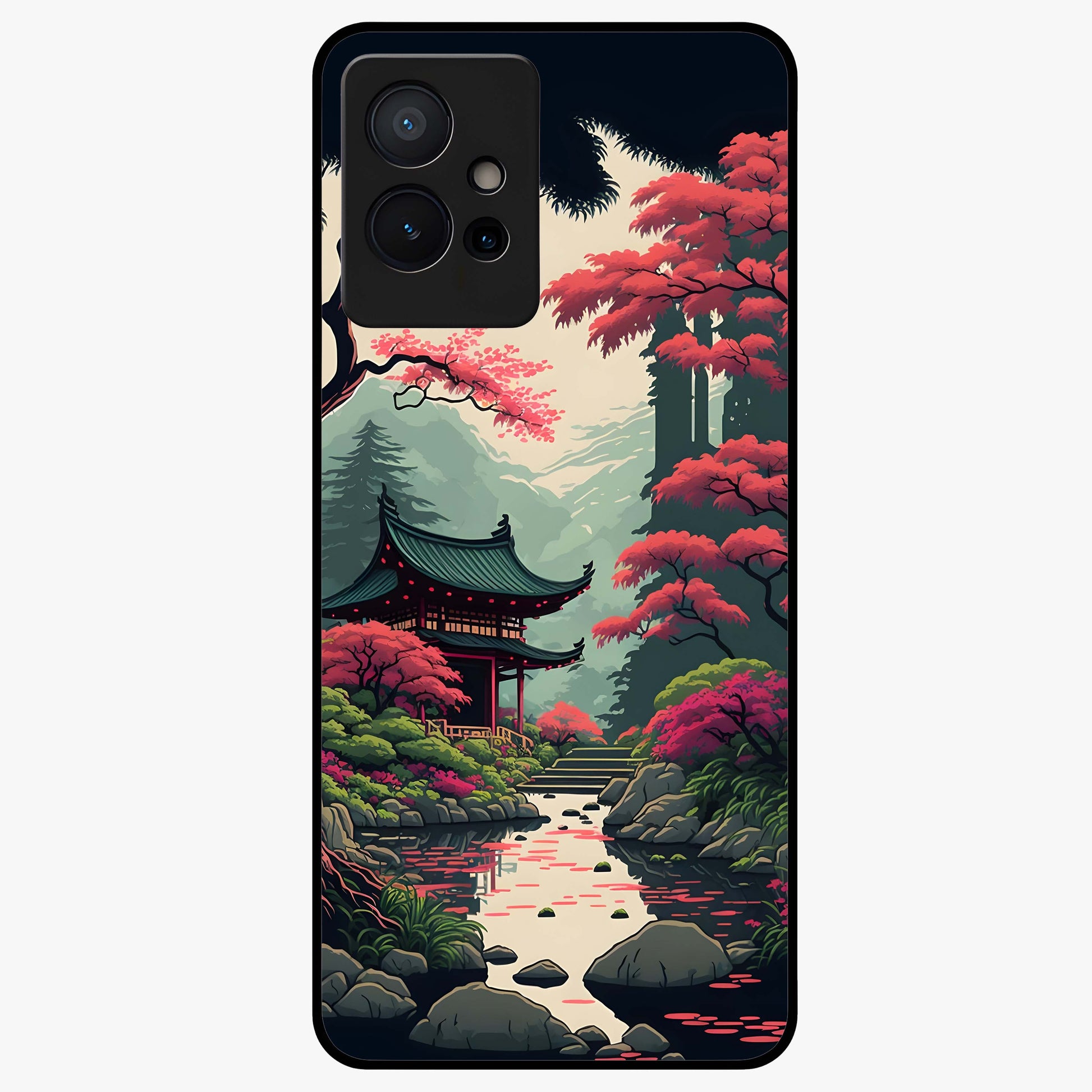 Crimson Temple View Glass Case showing flat back view with temple inspired artwork and glossy glass finish.