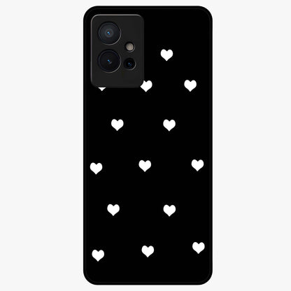 Cute And Simple White Hearts Glass Case showing flat back view with minimal white heart pattern and glossy glass finish.