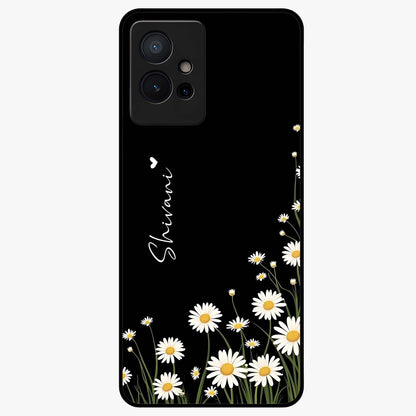 Daisy Cascade Custom Name Glass Case showing flat back view with cascading daisy flowers and personalized name design.