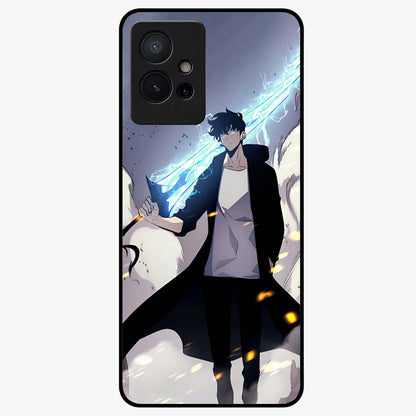 Dark Lightning Anime Warrior Glass Case showing flat back view with intense anime warrior artwork and glossy glass finish.
