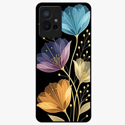 Delicate Multicolor Flowers Glass Case showing flat back view with vibrant floral artwork and glossy glass finish.