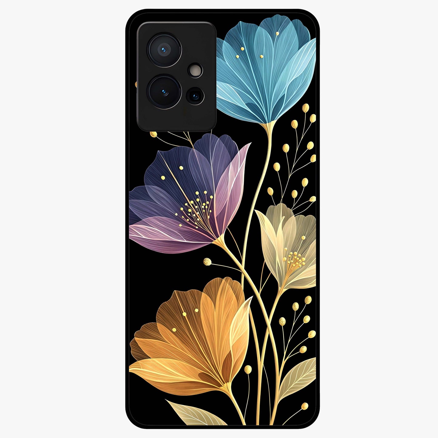 Delicate Multicolor Flowers Glass Case showing flat back view with vibrant floral artwork and glossy glass finish.