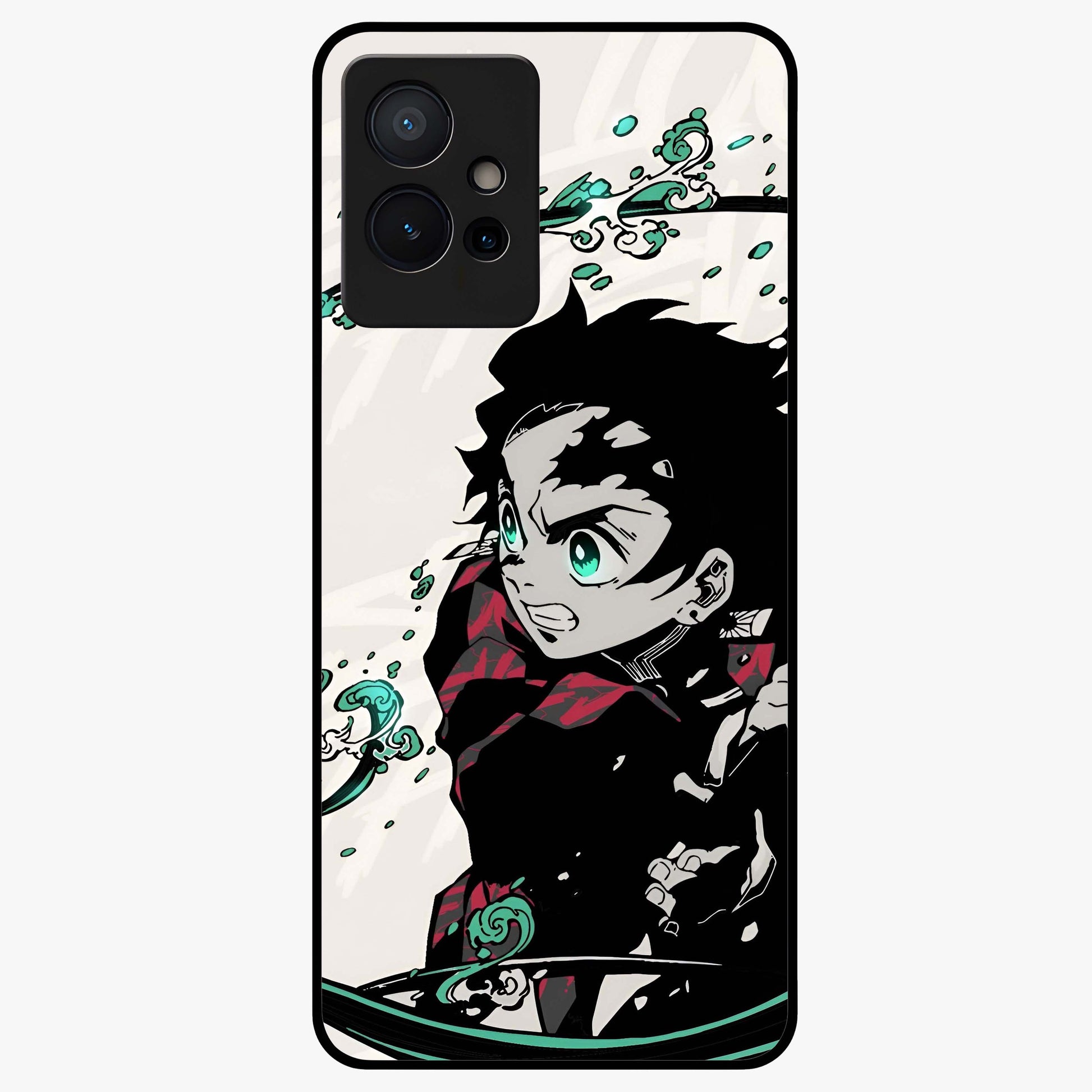 Demon Slayer Glass Case showing flat back view with bold anime inspired artwork and glossy glass finish.