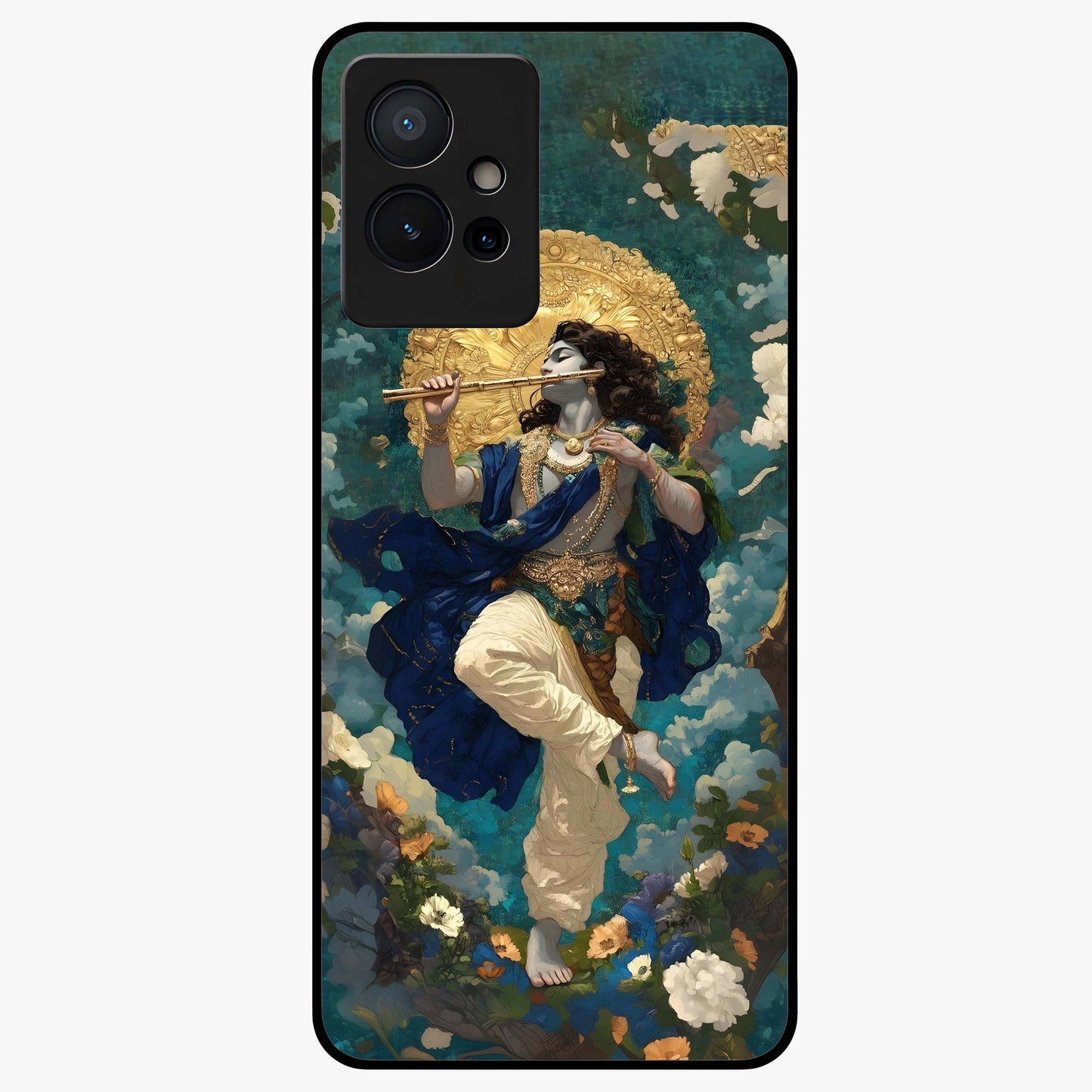 Divine Krishna Art Glass Case showing flat back view with Lord Krishna artwork and glossy glass finish.