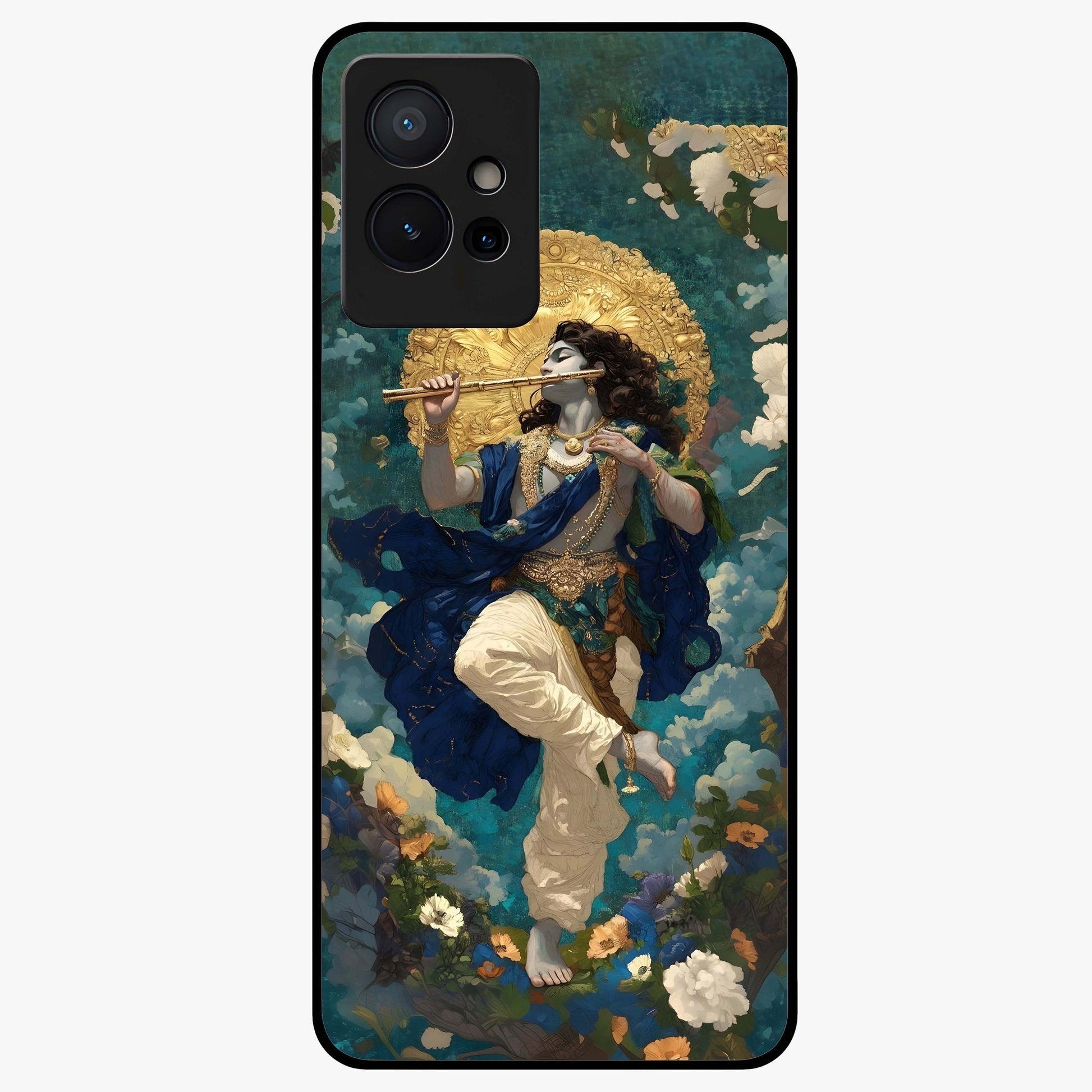 Divine Krishna Art Glass Case showing flat back view with Lord Krishna artwork and glossy glass finish.