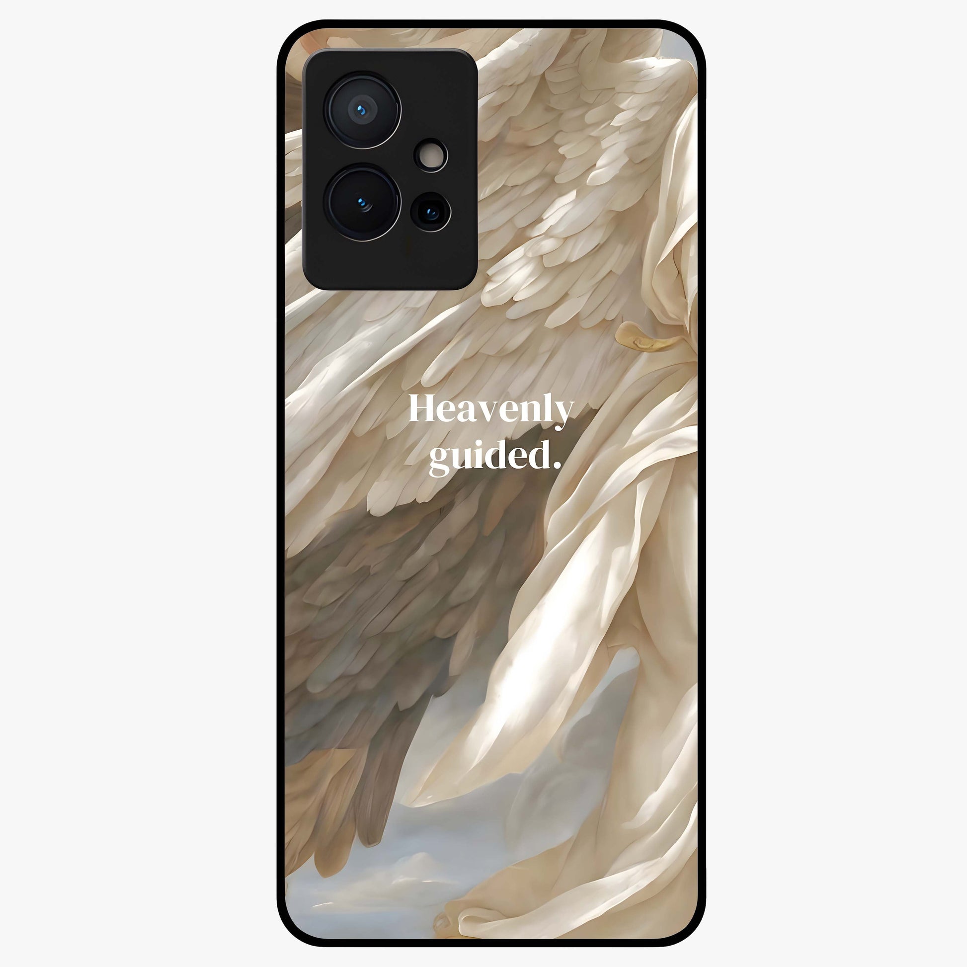 Divine Winged Grace Glass Case showing flat back view with elegant wing inspired artwork and glossy glass finish.