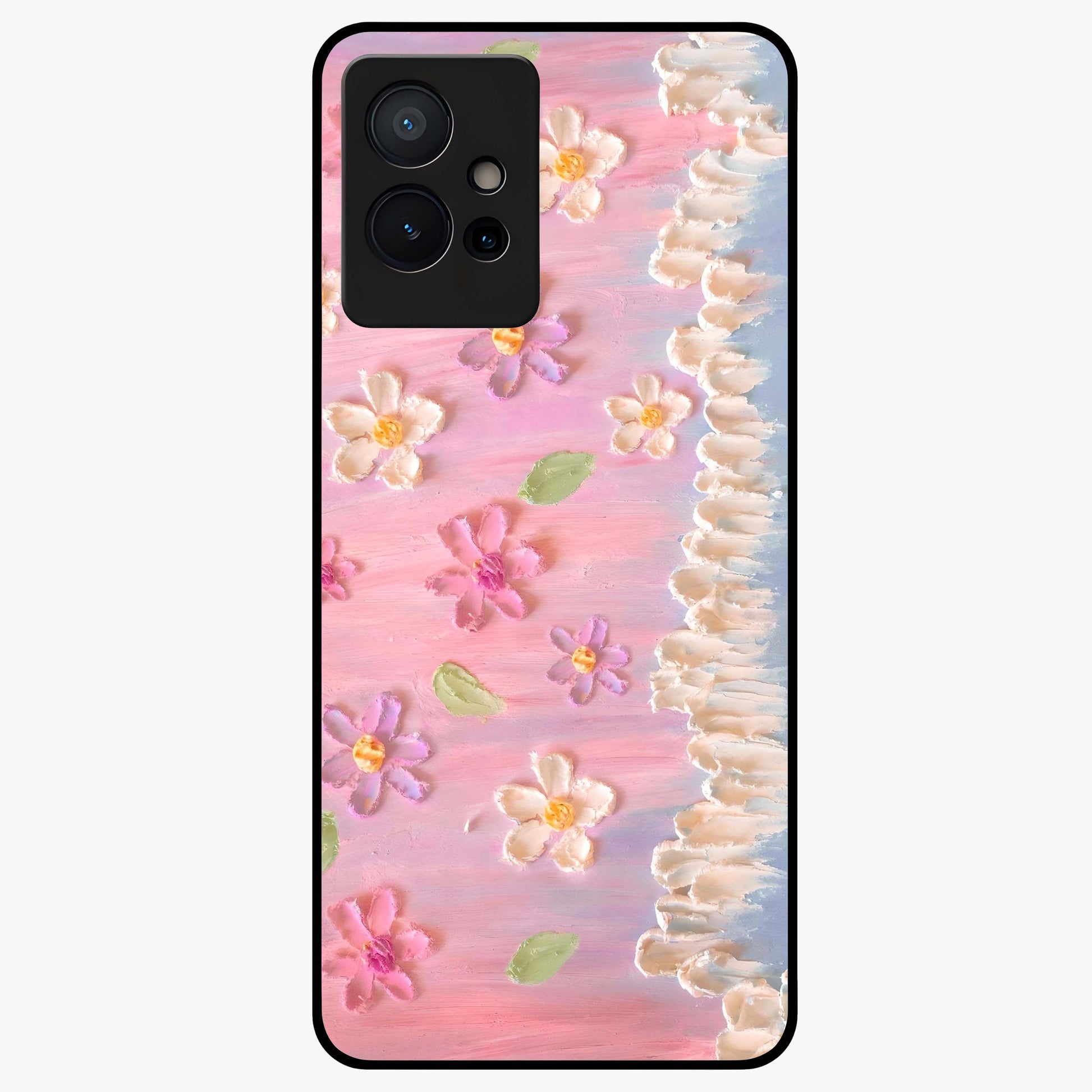 Dreamy Painted Garden Glass Case showing flat back view with artistic painted floral garden artwork and glossy glass finish.