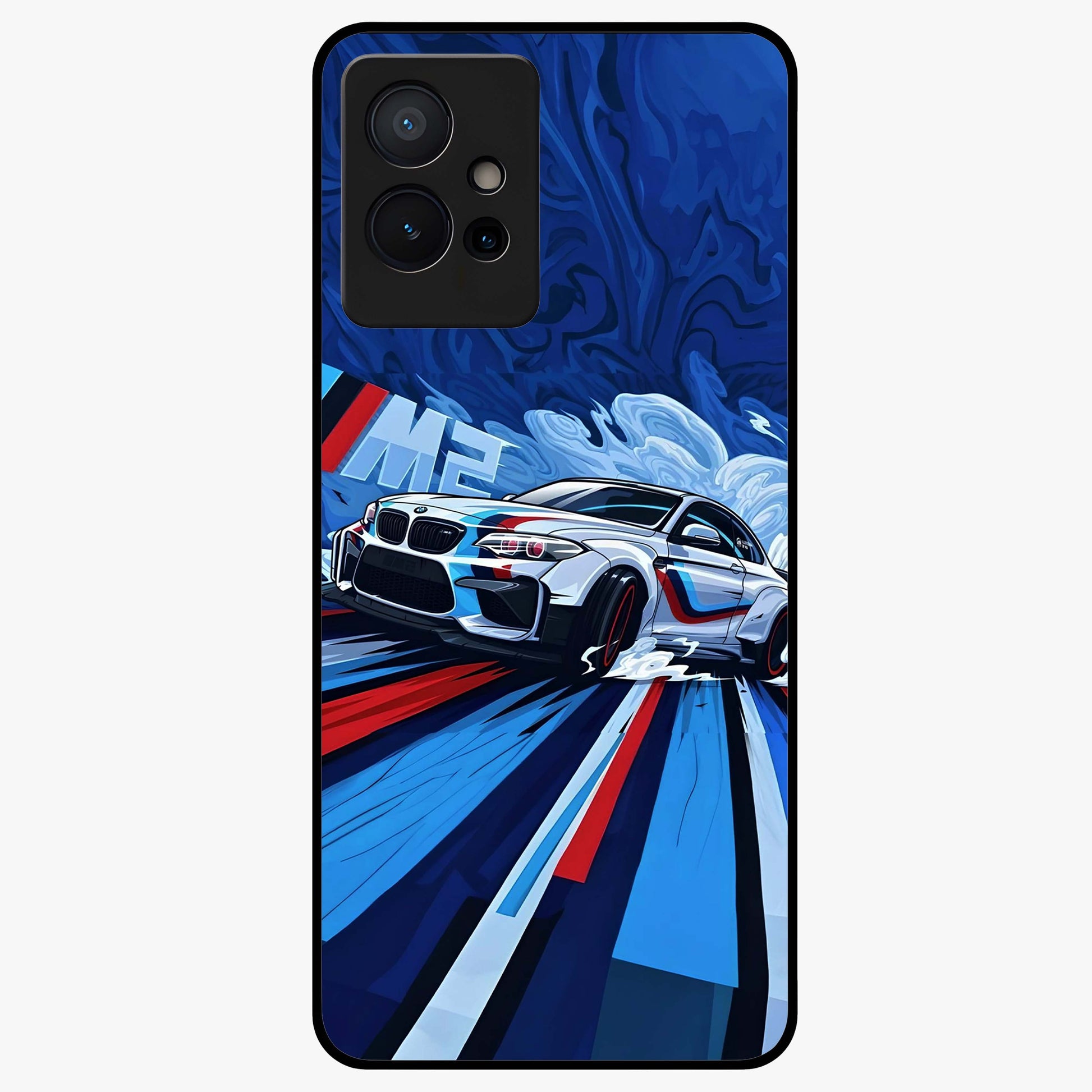 Drift Power Rush Glass Case showing flat back view with dynamic racing inspired artwork and glossy glass finish.