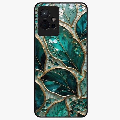 Emerald Leaf Glass Glass Case showing flat back view with emerald green leaf artwork and glossy glass finish.