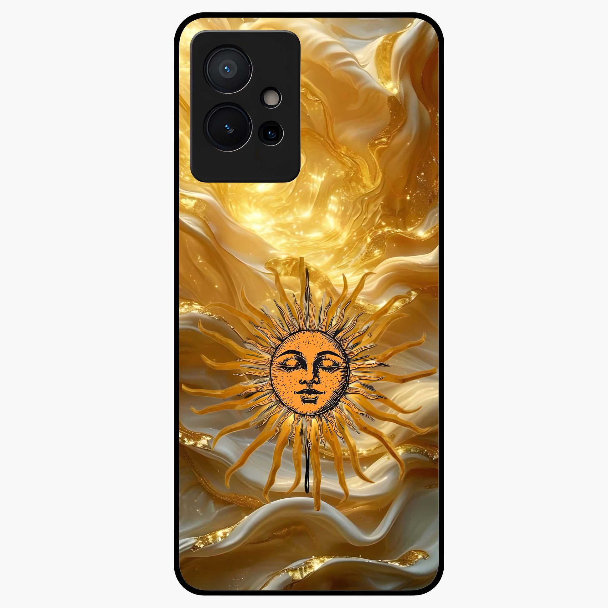 Eternal Golden Glow Glass Case showing flat back view with radiant golden themed artwork and glossy glass finish.
