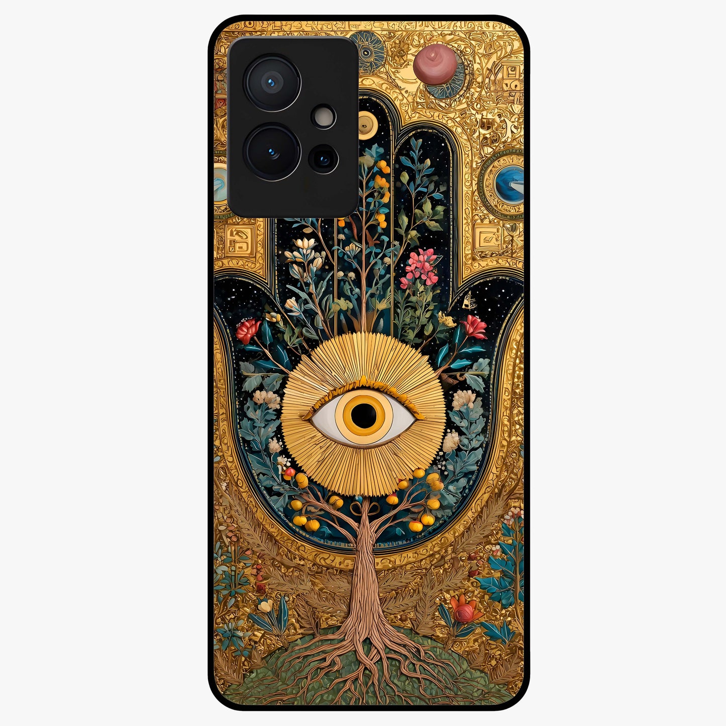 Ethereal Evil Eye Glass Case showing flat back view with mystical evil eye artwork and glossy glass finish.