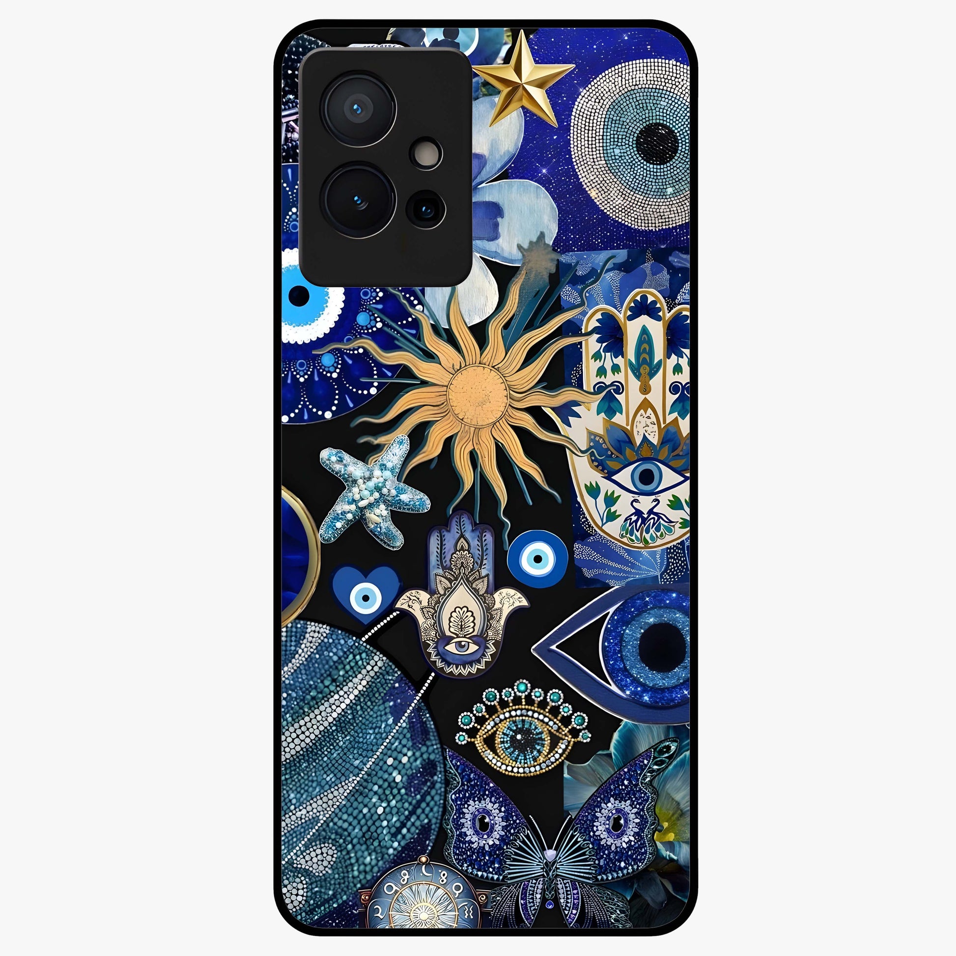 Evil Eye Charm Mix Glass Case showing flat back view with multiple evil eye charms artwork and glossy glass finish.