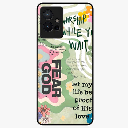 Faith Over Fear Glass Case showing flat back view with motivational typography artwork and glossy glass finish.